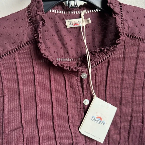 NWT FAHERTY Willa Button Front Peasant Blouse Organic Cotton Catawaba Grape Sz M - Picture 7 of 13